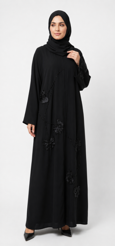 Elegant Black Floral Embellished Abaya in Premium Korean Nidha