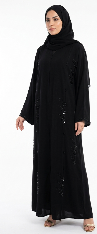 Midnight Elegance Sequined Korean Crepe Abaya – Black