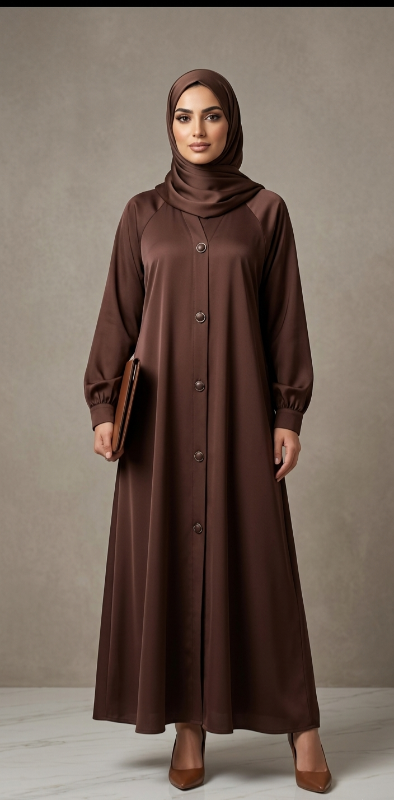 Premium Satin Button-Down Abaya Dress – Modest Espresso Brown Long Sleeve Maxi with Waist Belt