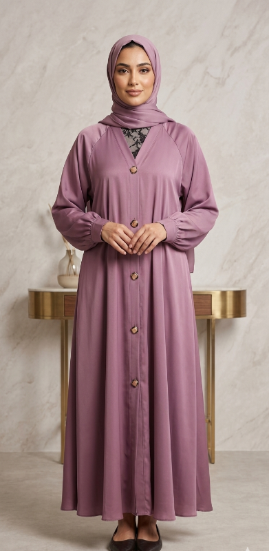 Premium Mi Pink Umbrella Cut Abaya – Elegant TikTok Fabric with Button Detailing