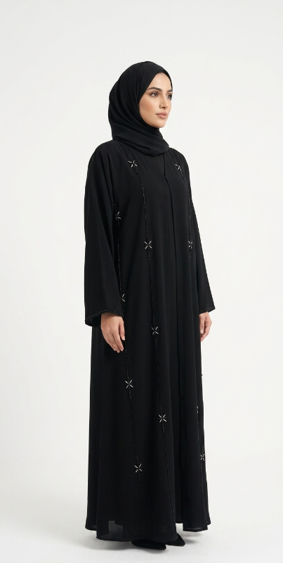 Elegant Midnight Bloom: Hand-Beaded Black V-Neck Abaya