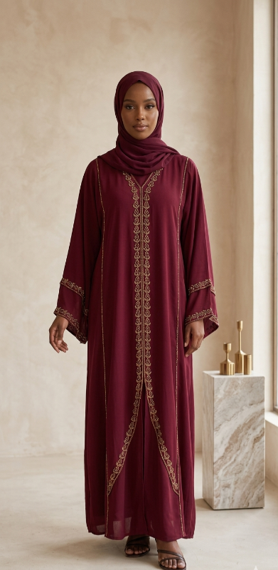 Royal Burgundy Butterfly Abaya with Intricate Gold Embroidery