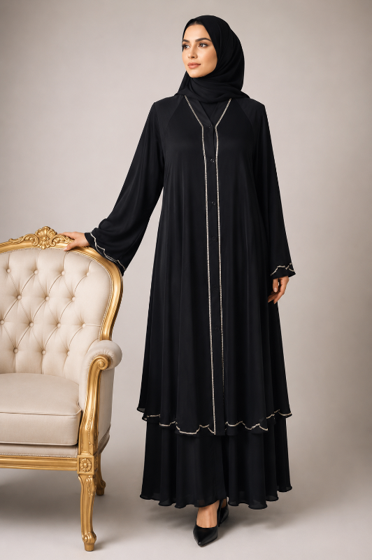 Elegant Black Layered Abaya with Silver Trim Detailing
