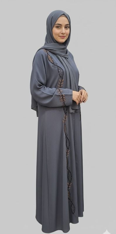 The Ember Trail Abaya: Grey Elegance with Intricate Embroidery