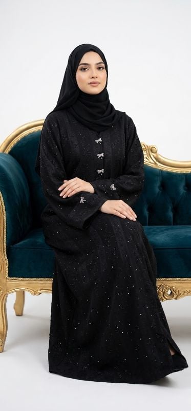 Luxurious Korean Fakru Black Abaya with Sparkling Stone Embellishments & Matching Hijab