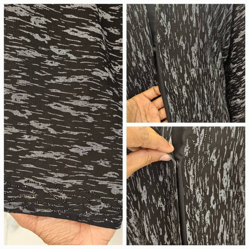 Exquisite Black Abaya with Grey Print & Stone Embellishments