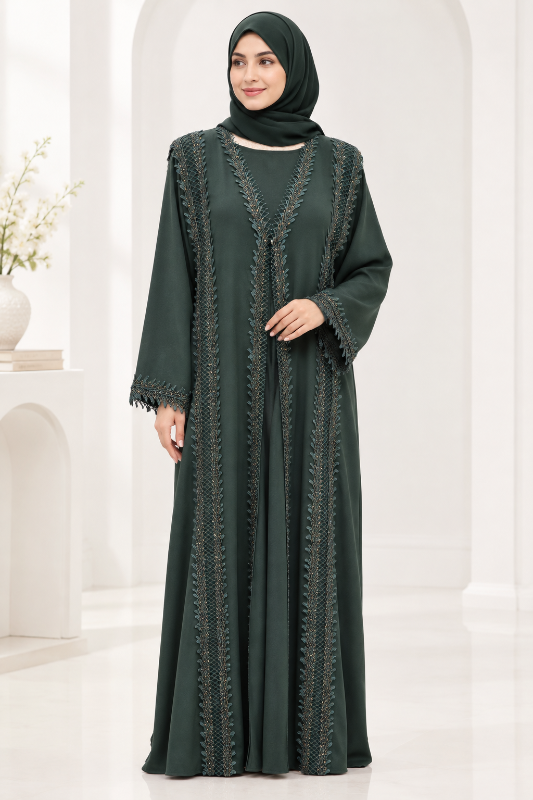 Emerald Green Open Type Chiffon Abaya with Gold Lace Trim & Matching Sheila