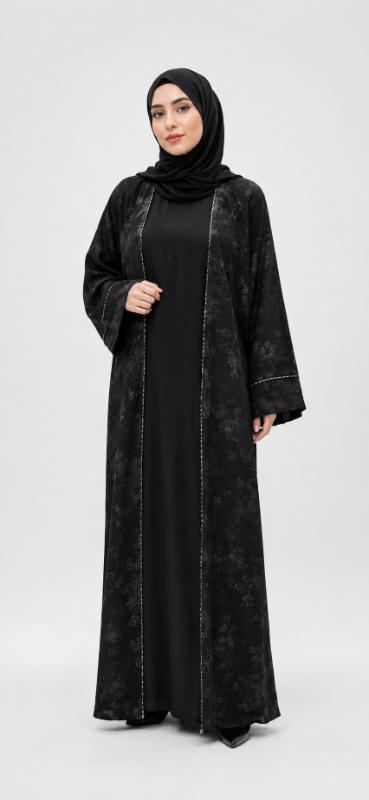Elegant Black Floral Print Open Abaya with Subtle Stitch Detail