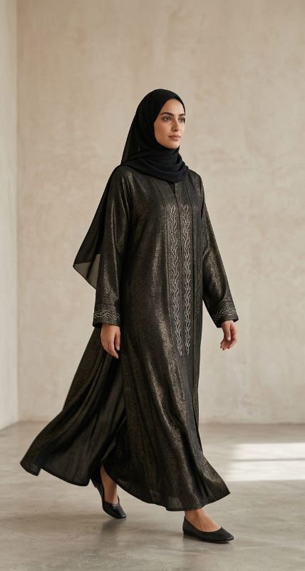 Luxurious Metallic Gold Shimmer Abaya | Omani Designer Evening Wear