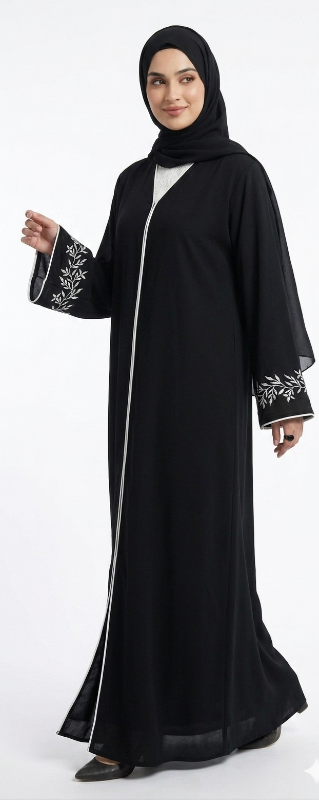Elegant Black Embroidered Abaya with Delicate White Floral Detailing