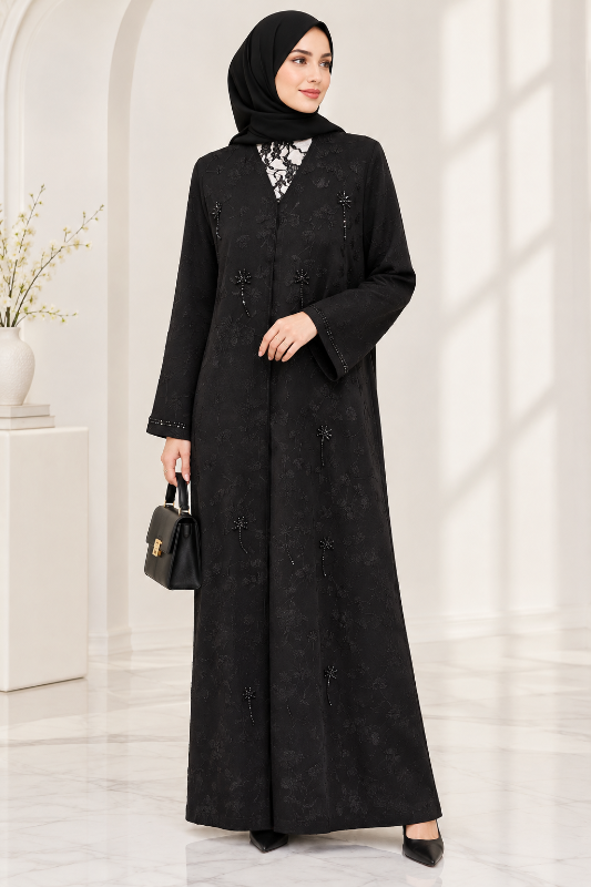 Elegant Black Abaya with Stone Embellishments & Printed Korean Fabric | Modest Fashion
