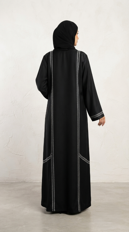 Black Nidha Abaya with White Embroidery – Elegant & Breathable Premium Design