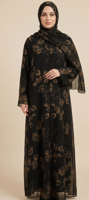 Elegant Golden Flora Double-Layered Indonesian Chiffon Abaya