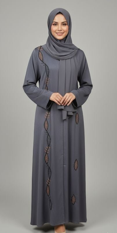The Ember Trail Abaya: Grey Elegance with Intricate Embroidery