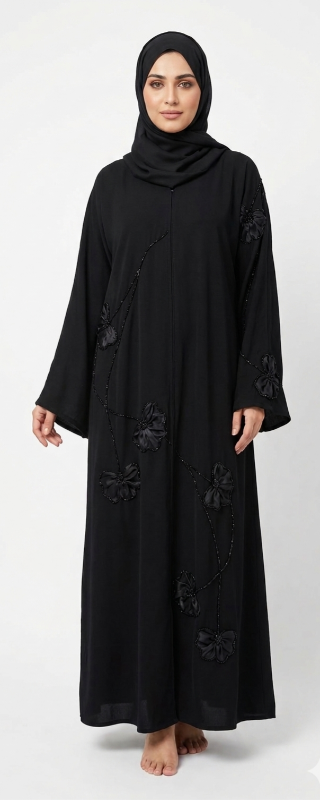 Elegant Black Floral Embellished Abaya in Premium Korean Nidha