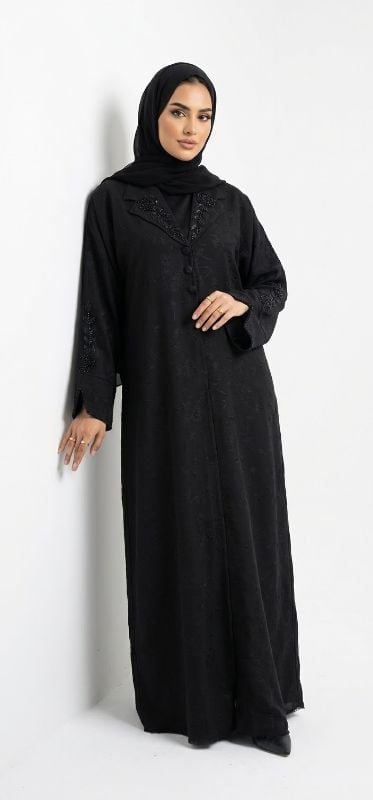 Elegant Black Korean Fakhir Fabric Abaya with Beaded Lapel Collar