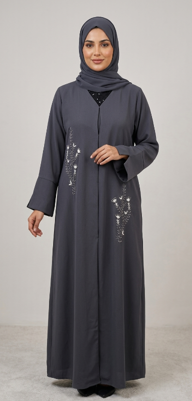 Charcoal Grey Hand-Embroidered Barbie Crepe Abaya with Slit Sleeves
