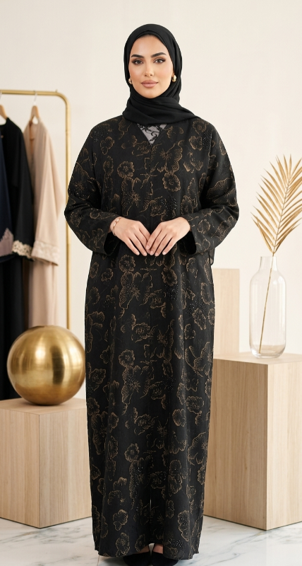 Black Floral Embossed Abaya with Glitter Accents – Luxury Evening Modest Wear