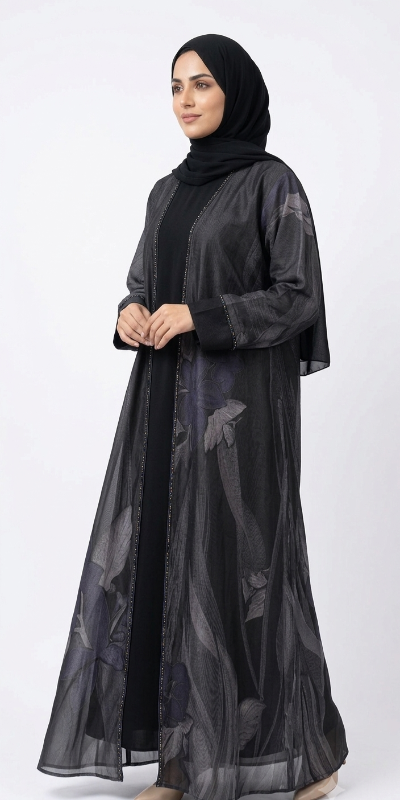 Elegant Floral Print Open Abaya - Premium Layered Design
