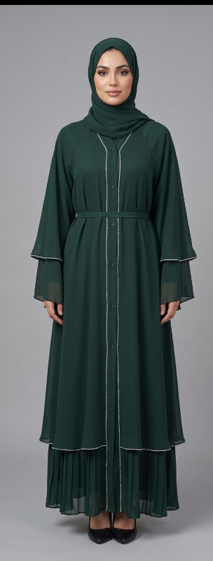 Emerald Green Button-Down Layered Abaya – Elegant Modest Evening Wear