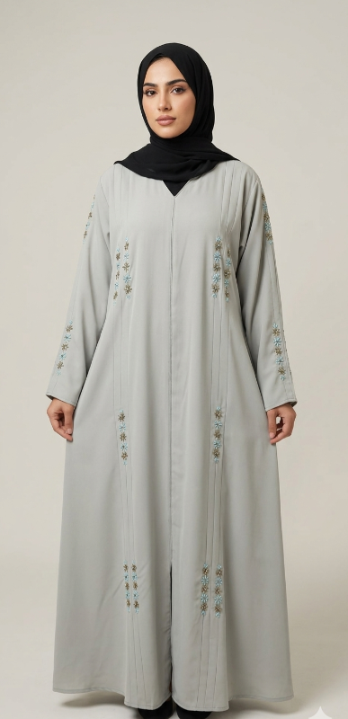 Elegant Light Pista Embroidered Abaya with Floral Beadwork Detail