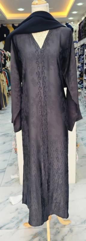 Elegant Dark Grey Abaya With Self-Print