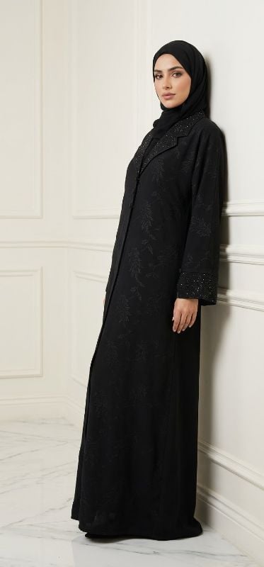 Premium Blazer-Cut Elegant Black Abaya in Korean Fikr Fabric | Buy Online Muscat