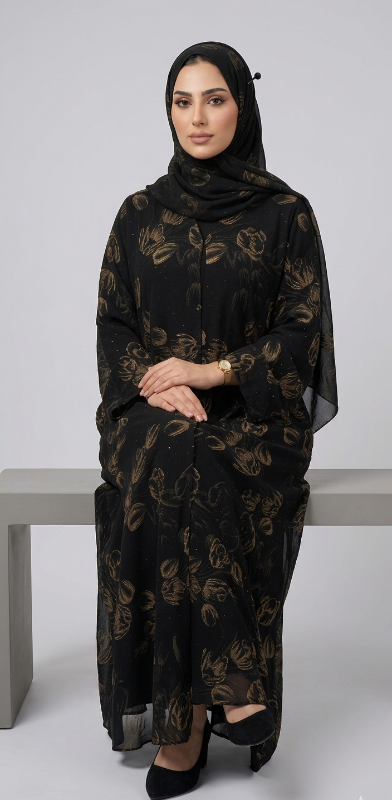 Elegant Golden Flora Double-Layered Indonesian Chiffon Abaya