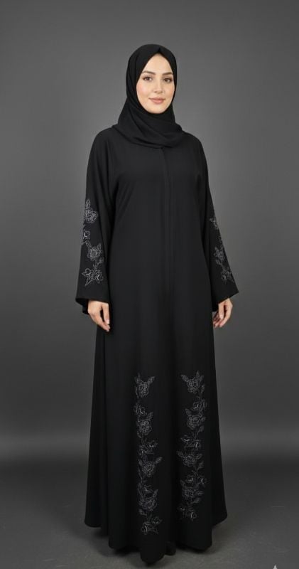 ​Layla Vines Abaya | Premium Black Nidha with Silver Floral Embroidery