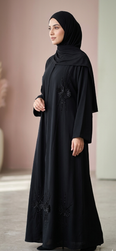 Midnight Petal Embroidered A-Line Abaya - Premium Korean Crepe