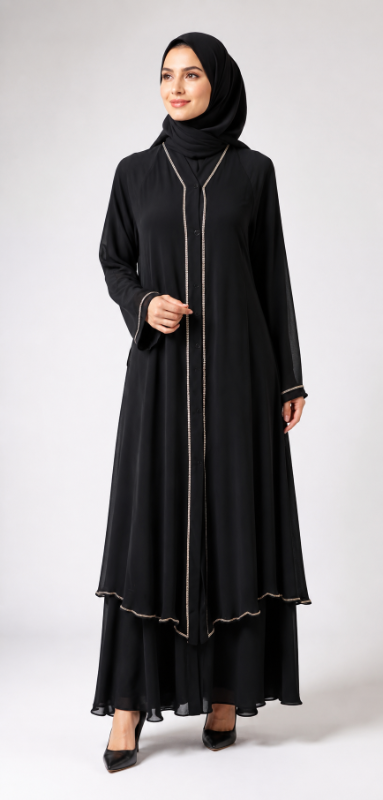 Elegant Black Layered Abaya with Silver Trim Detailing
