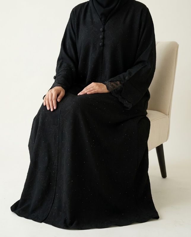 Luxury Korean Fakhir Black Abaya with Leafy Jacquard & Lace Cuffs | Premium Modest Fashion Oman