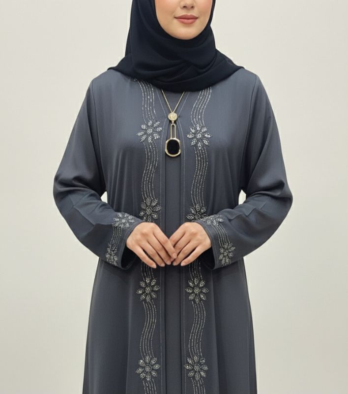 The Crystal Cascade Abaya: Elegant Inner-Wear with Shimmering Stone Work