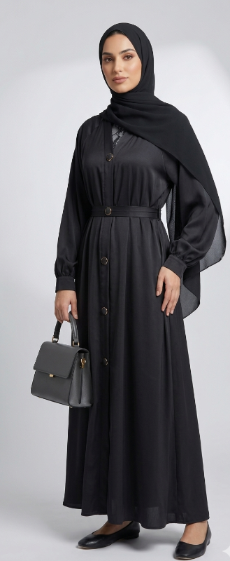 Timeless Black Buttoned Abaya Dress – Modest Satin Maxi with Cuffed Sleeves