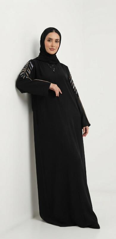 Exquisite Feather-Beaded Saudi Fabric Black Abaya with V-Neck & Lace Insert