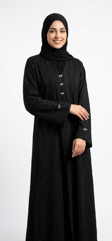 Luxurious Korean Fakru Black Abaya with Sparkling Stone Embellishments & Matching Hijab