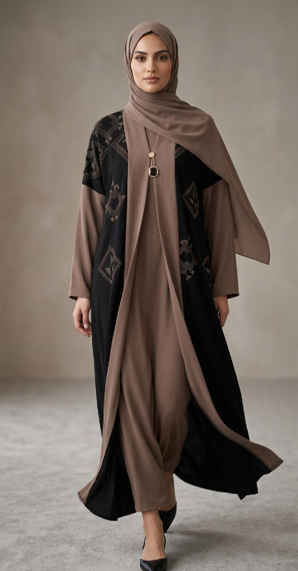 The Laila Two-Tone Abaya with Textured Geometric Panels