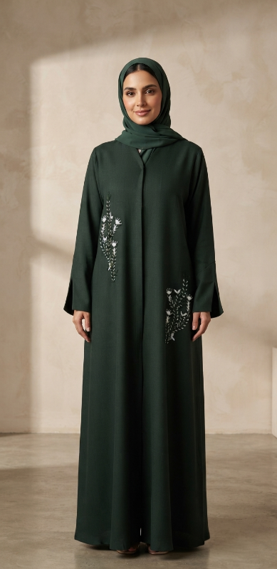 Hand Embroidered Green Abaya | Luxury Closed-Front Barbie Fabric Abaya