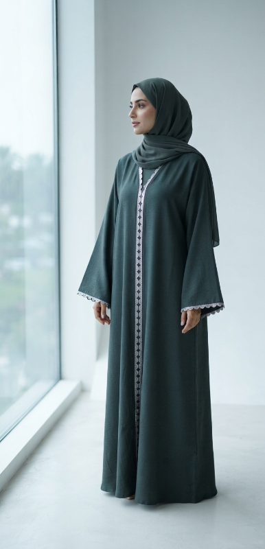 Luxury Marble Crush Green Abaya with Silver Trim