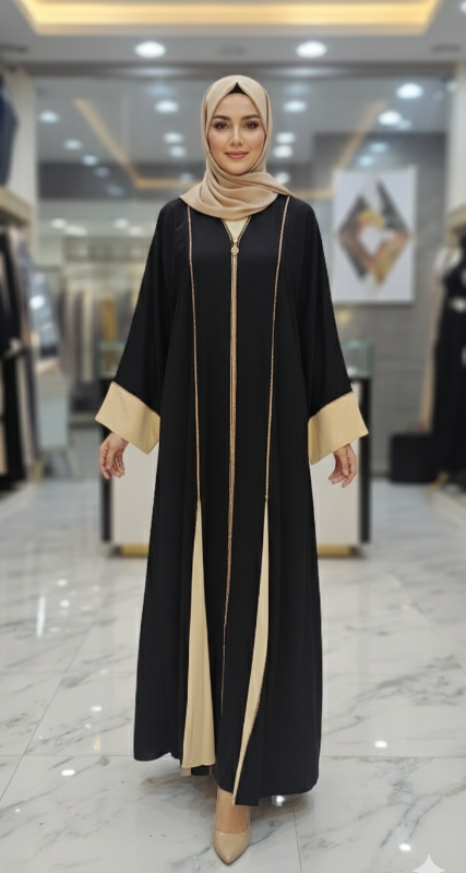Royal Contrast: Luxury Vertical Gold-Piped Open Abaya in Black & Beige