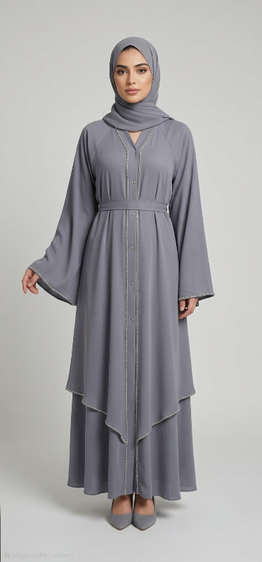 Elegant Grey Layered Abaya with Embellished Trim and Waist Tie