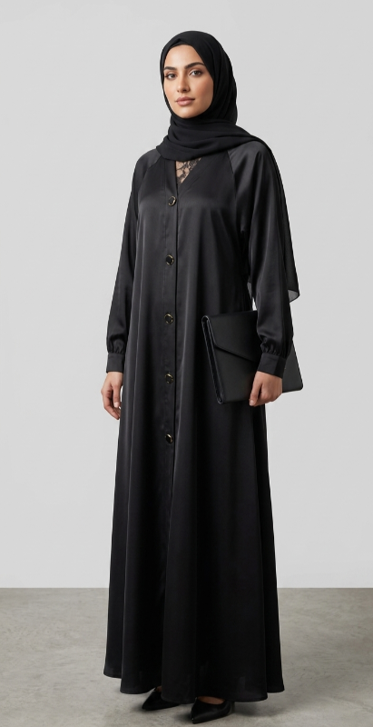 Timeless Black Buttoned Abaya Dress – Modest Satin Maxi with Cuffed Sleeves