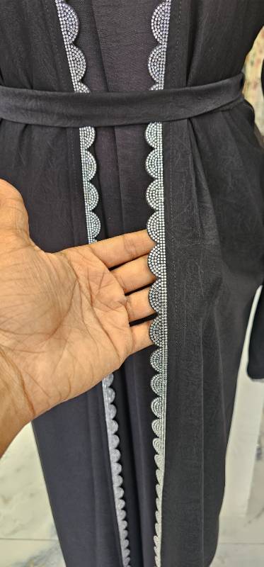 Glamorous Black Open Abaya with Silver Lace Details