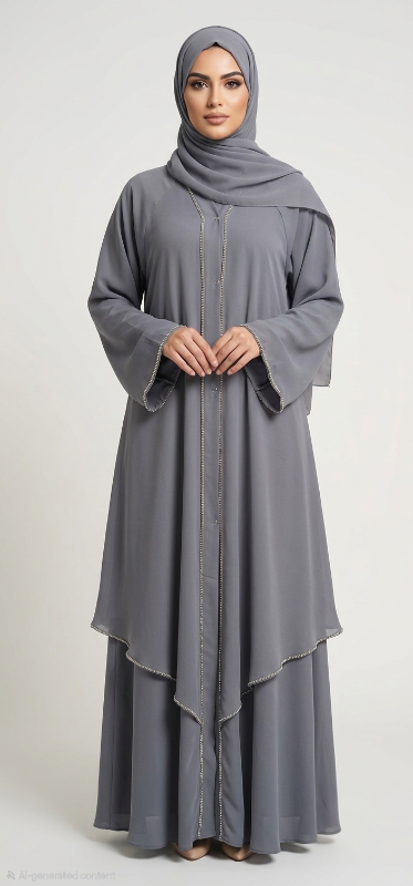 Elegant Grey Layered Abaya with Embellished Trim and Waist Tie
