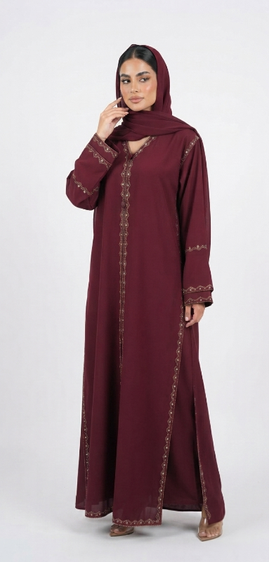 Premium Burgundy Occasion Abaya with Gold Embellished Detailing & Matching Sheila