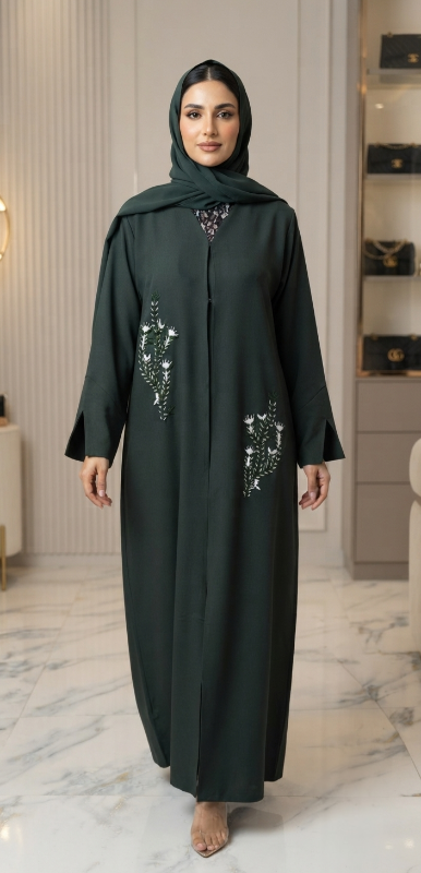 Hand Embroidered Green Abaya | Luxury Closed-Front Barbie Fabric Abaya