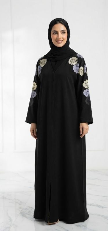 Exquisite Floral Embroidered Zoom Fabric Abaya | Premium Emirati Style Daily Wear
