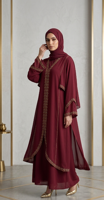 Royal Burgundy Butterfly Abaya with Intricate Gold Embroidery