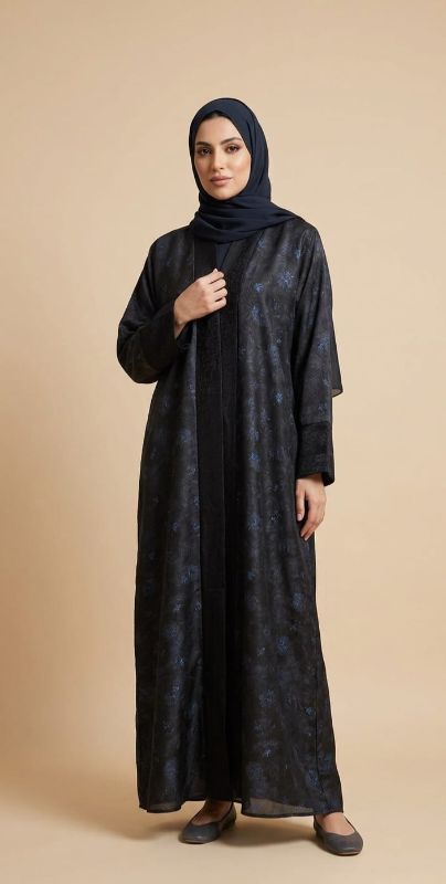 Elegant Black & Blue Patterned Abaya | Premium Lightweight Summer Kimono