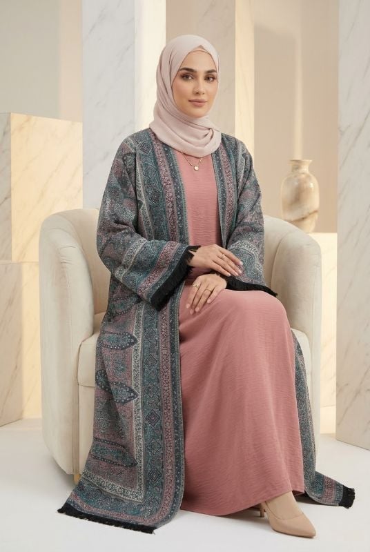 Luxury Pashmina Open Abaya with Fringe Trim – Elegant Winter Modest Wear for Women